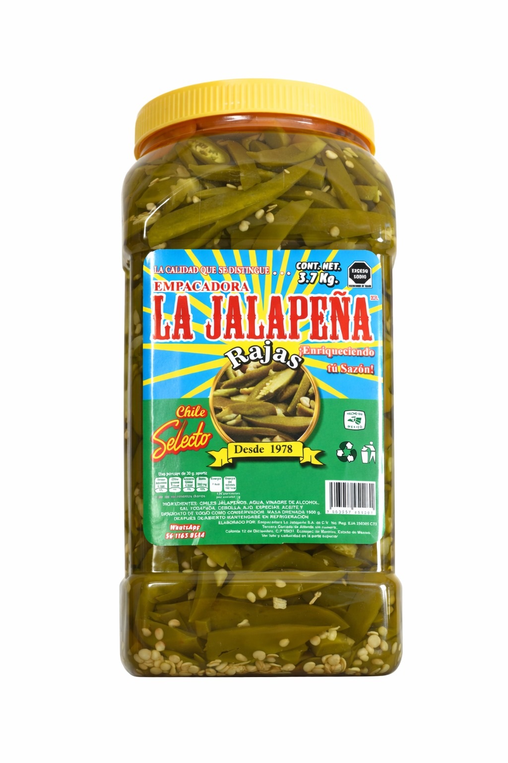 Chiles Jalapeños Rajas La Jalapeña  3.7 Kg