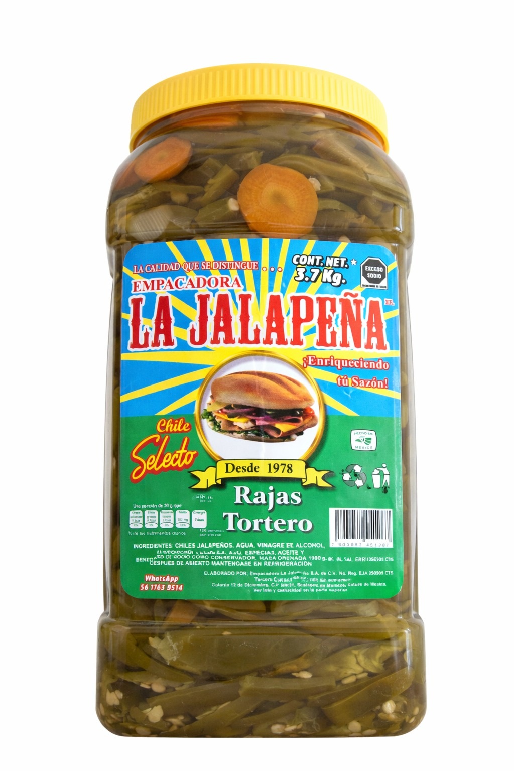 Chiles Jalapeños Rajas Tortero La Jalapeña  3.7 Kg